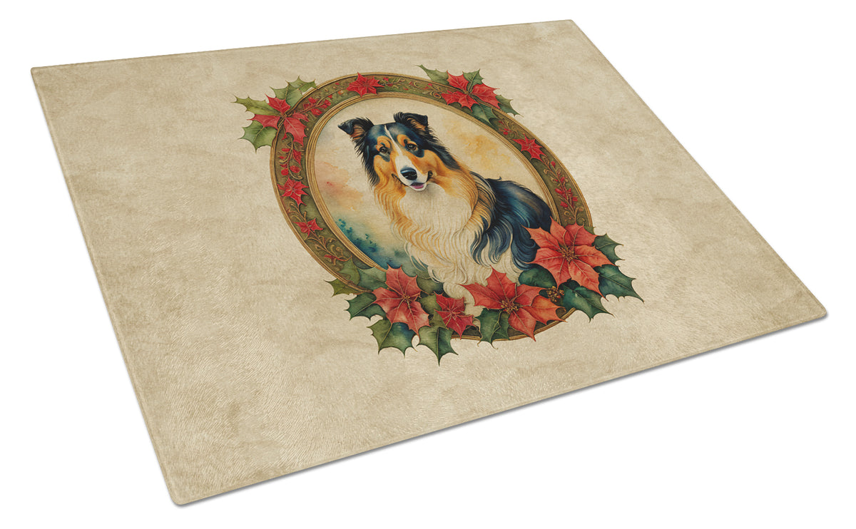 Buy this Collie Christmas Flowers Glass Cutting Board