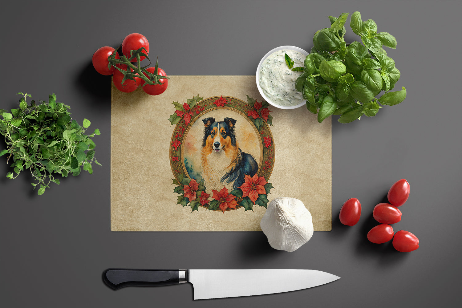 Collie Christmas Flowers Glass Cutting Board