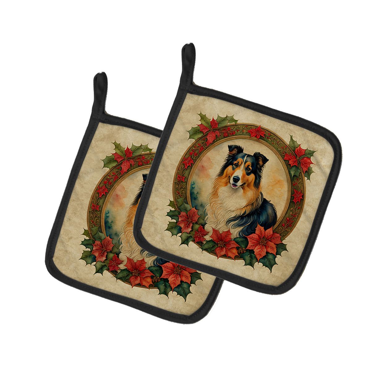 Buy this Collie Christmas Flowers Pair of Pot Holders