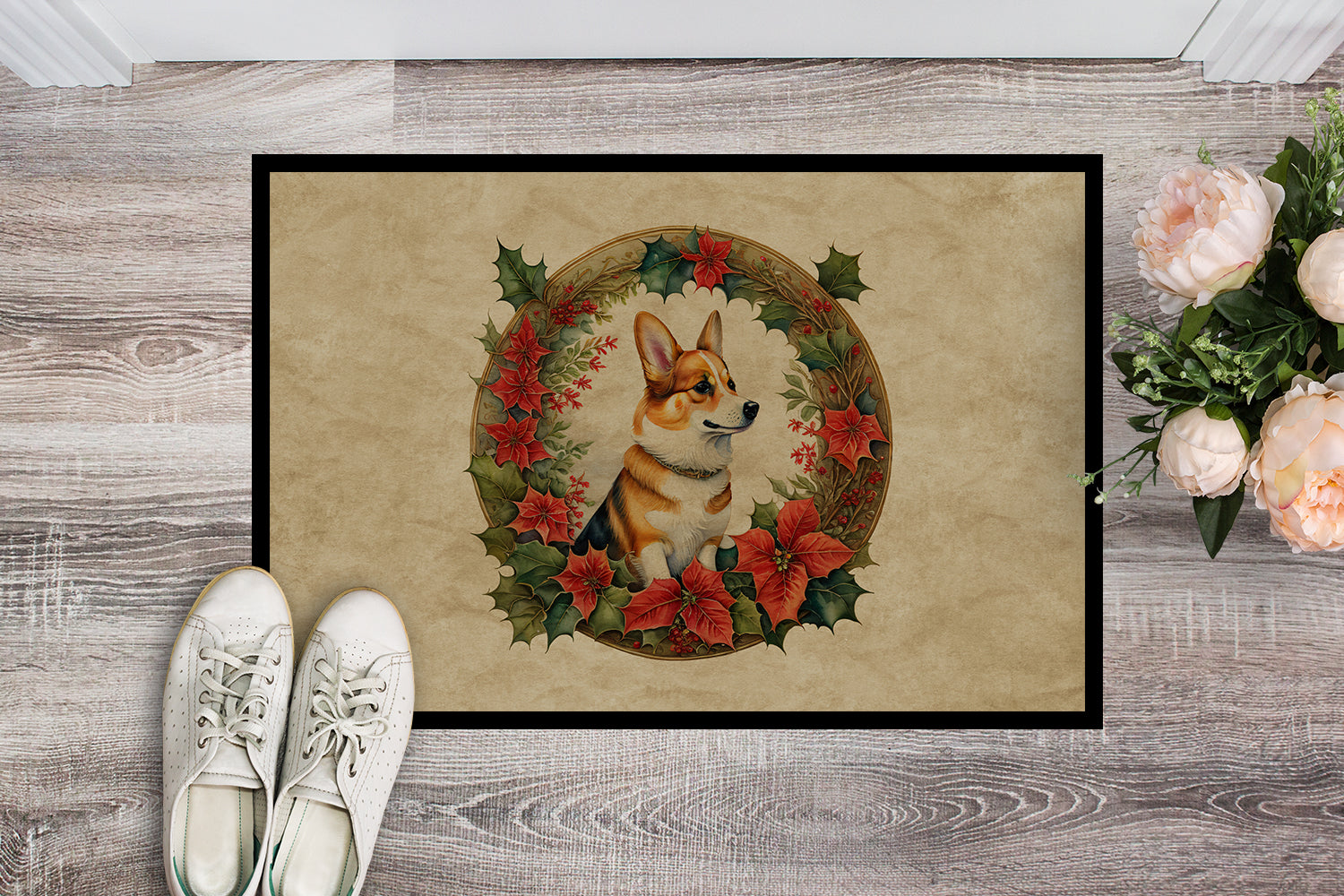 Buy this Corgi Christmas Flowers Doormat