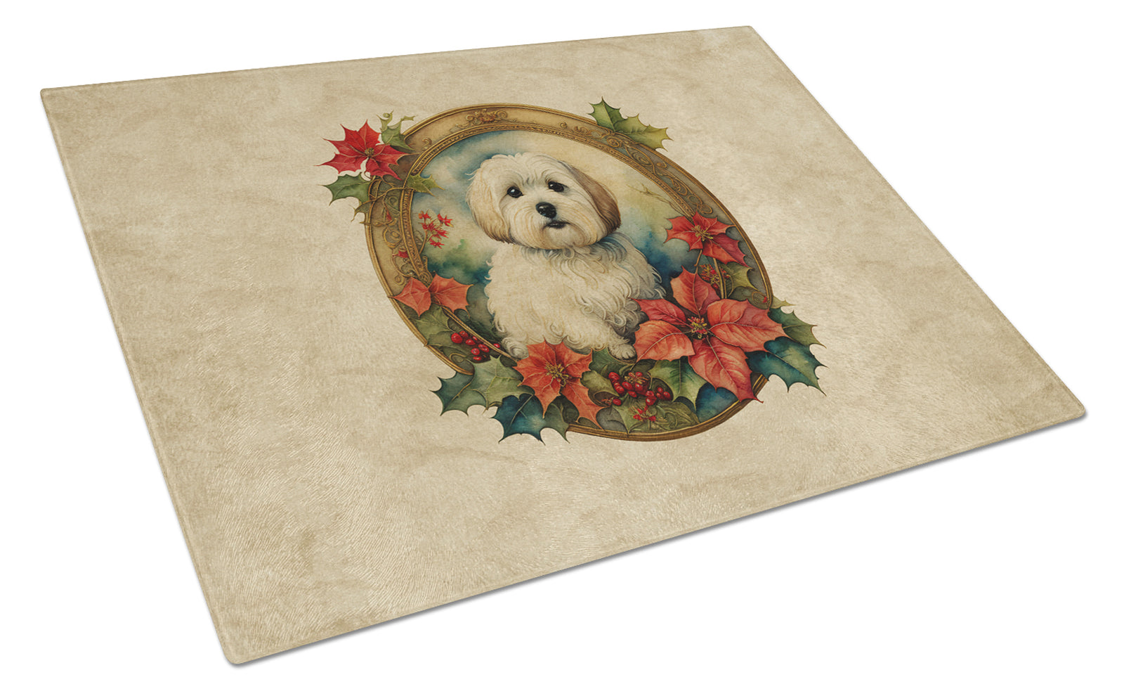 Buy this Coton De Tulear Christmas Flowers Glass Cutting Board