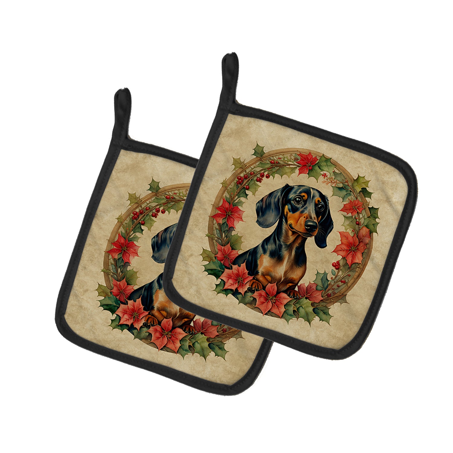 Caroline's Treasures Dachshund Christmas Flowers Pot Holders - Set of 2 Decorative Kitchen Helpers | Made in the USA