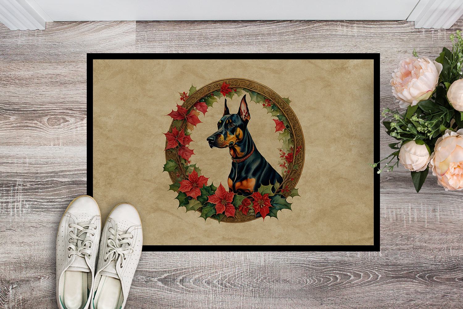 Caroline's Treasures Doberman Pinscher Christmas Flowers Doormat-24x36 Indoor / Outdoor Rug | Made in USA