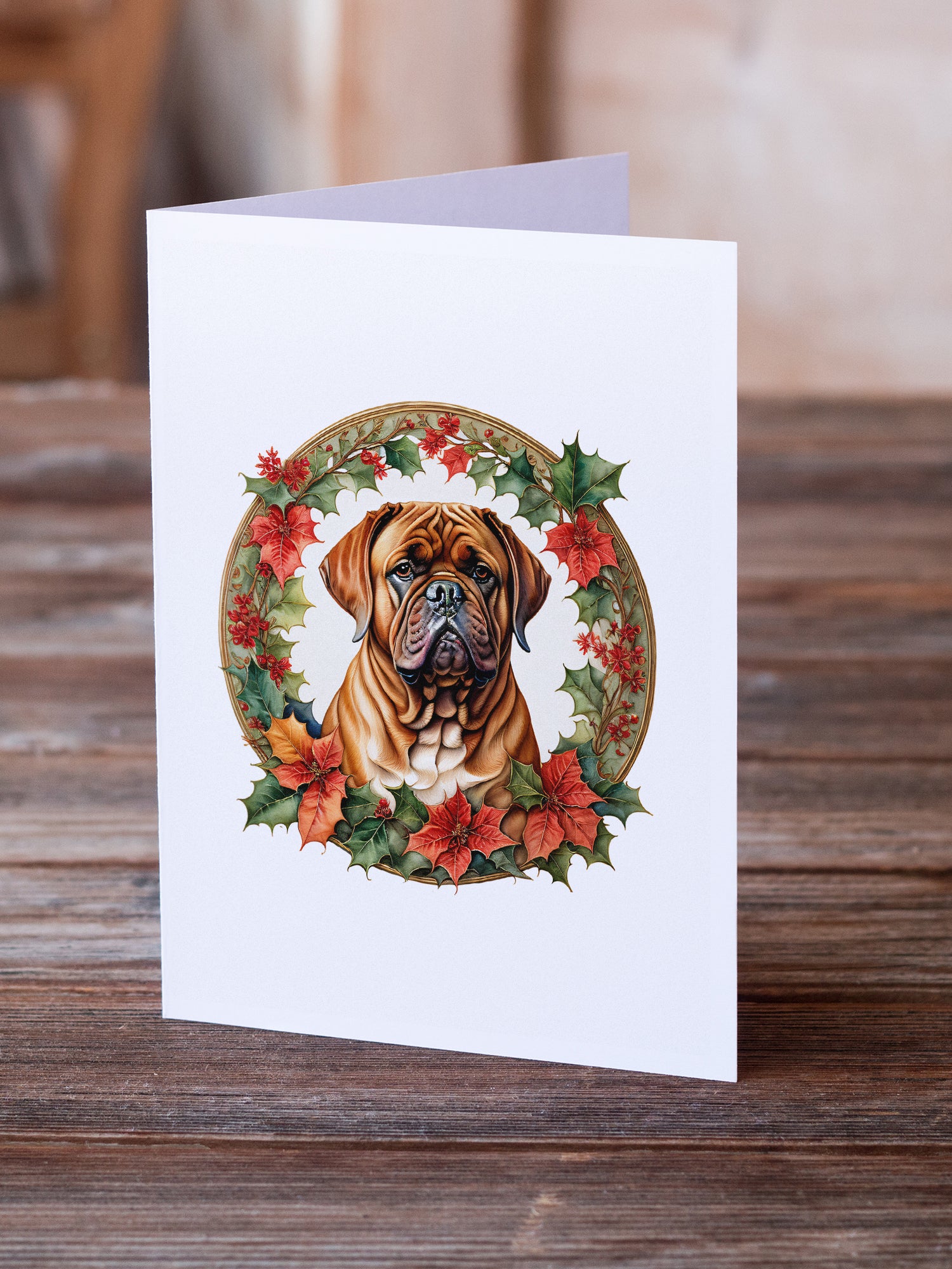 Dogue de Bordeaux Christmas Flowers Greeting Cards Pack of 8