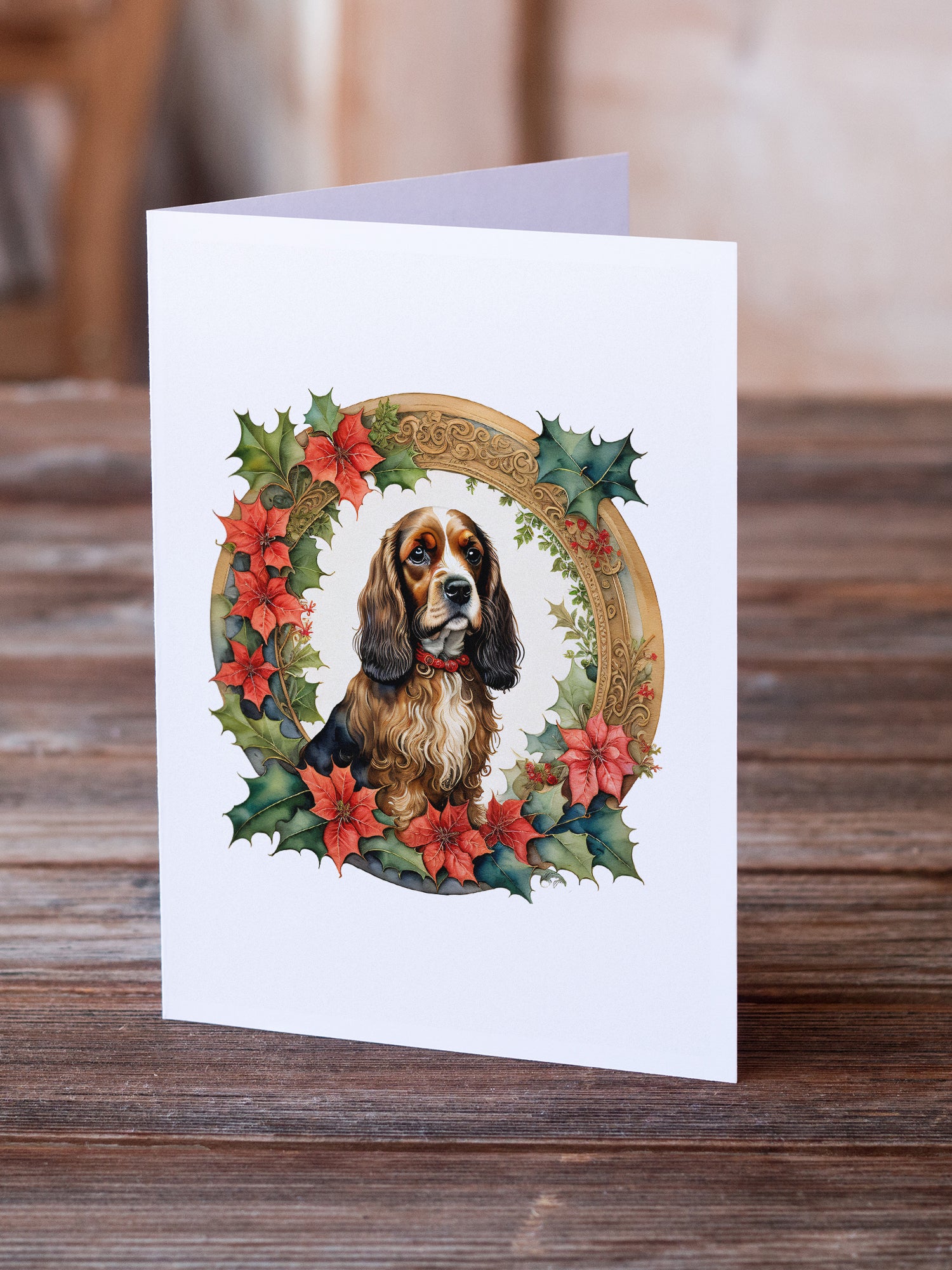 English Cocker Spaniel Christmas Flowers Greeting Cards Pack of 8