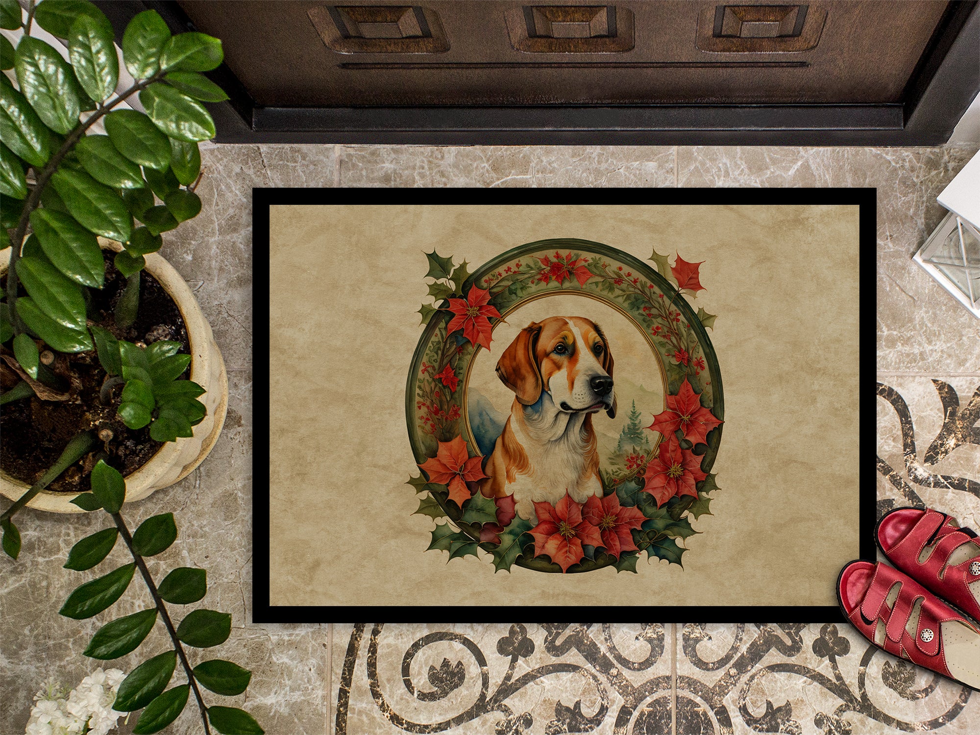 English Foxhound Christmas Flowers Doormat