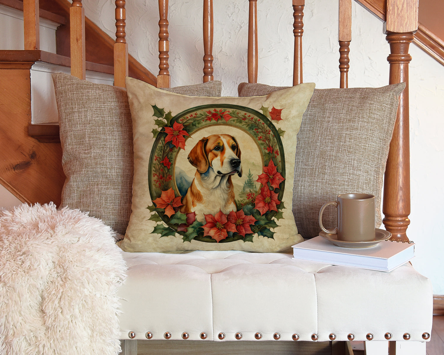 English Foxhound Christmas Flowers Throw Pillow