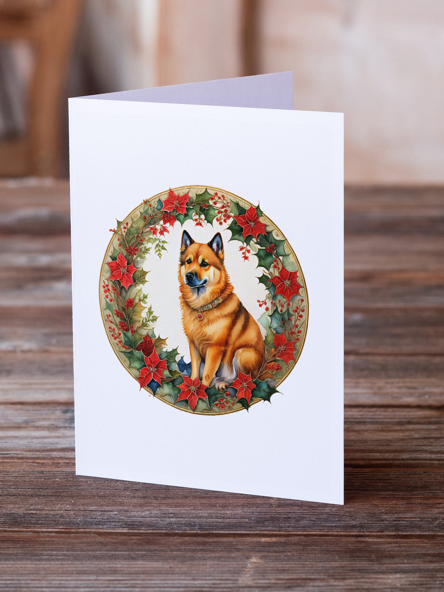Finnish Spitz Christmas Flowers Greeting Cards Pack of 8