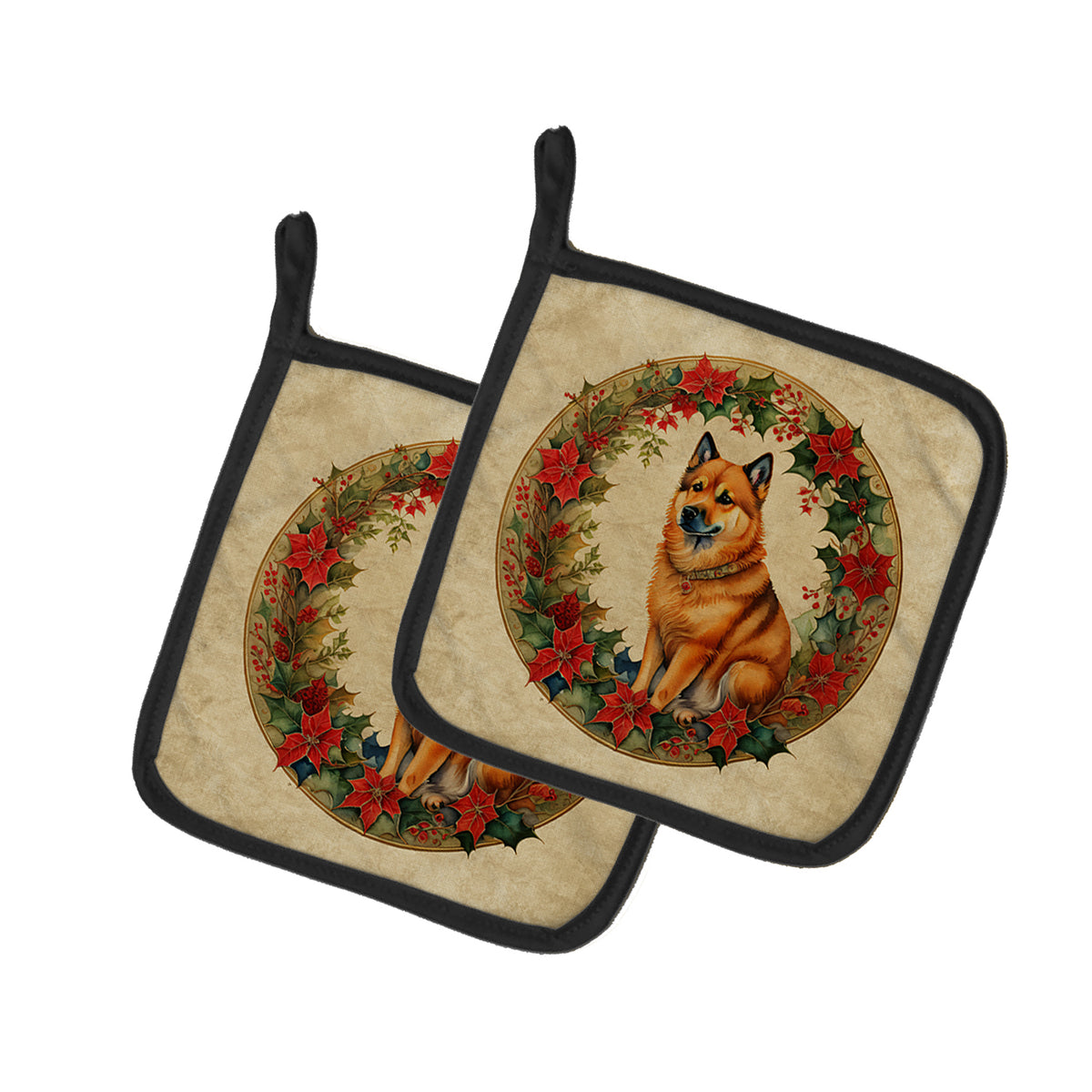 Buy this Finnish Spitz Christmas Flowers Pair of Pot Holders