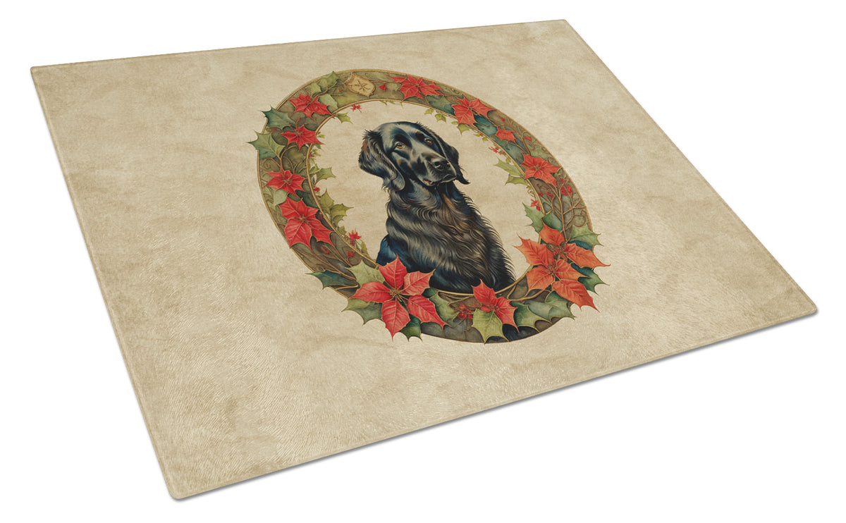 Buy this Flat-Coated Retriever Christmas Flowers Glass Cutting Board