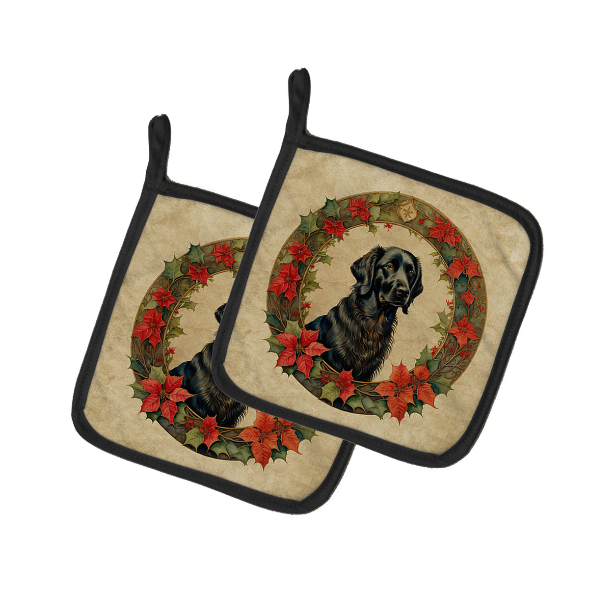 Buy this Flat-Coated Retriever Christmas Flowers Pair of Pot Holders