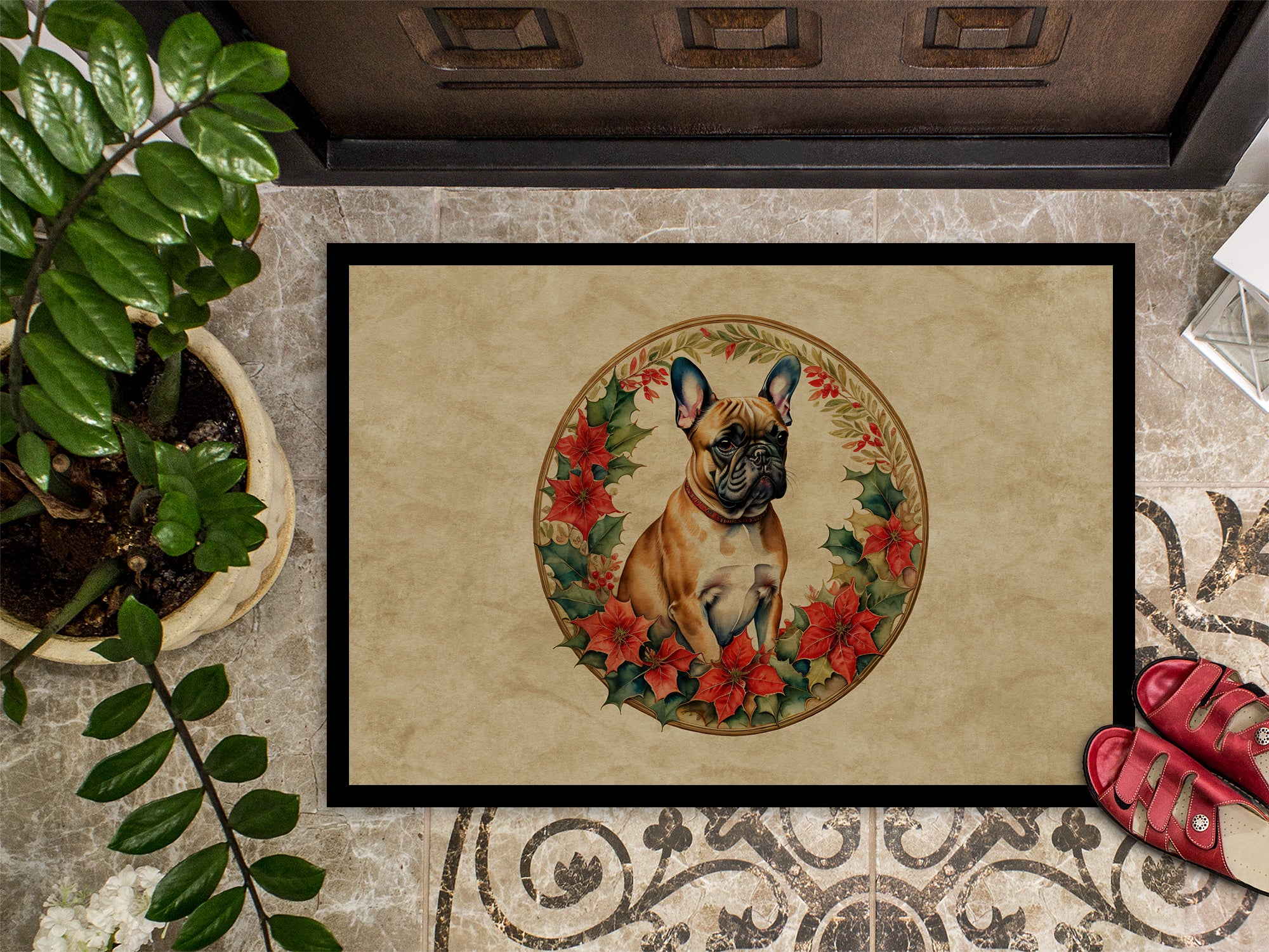 French Bulldog Christmas Flowers Doormat