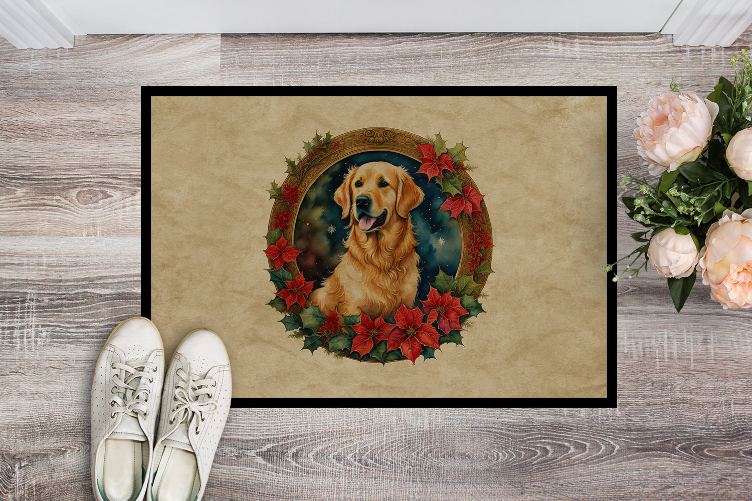 Caroline's Treasures Golden Retriever Christmas Flowers Doormat-24x36 Indoor / Outdoor Rug | Made in USA
