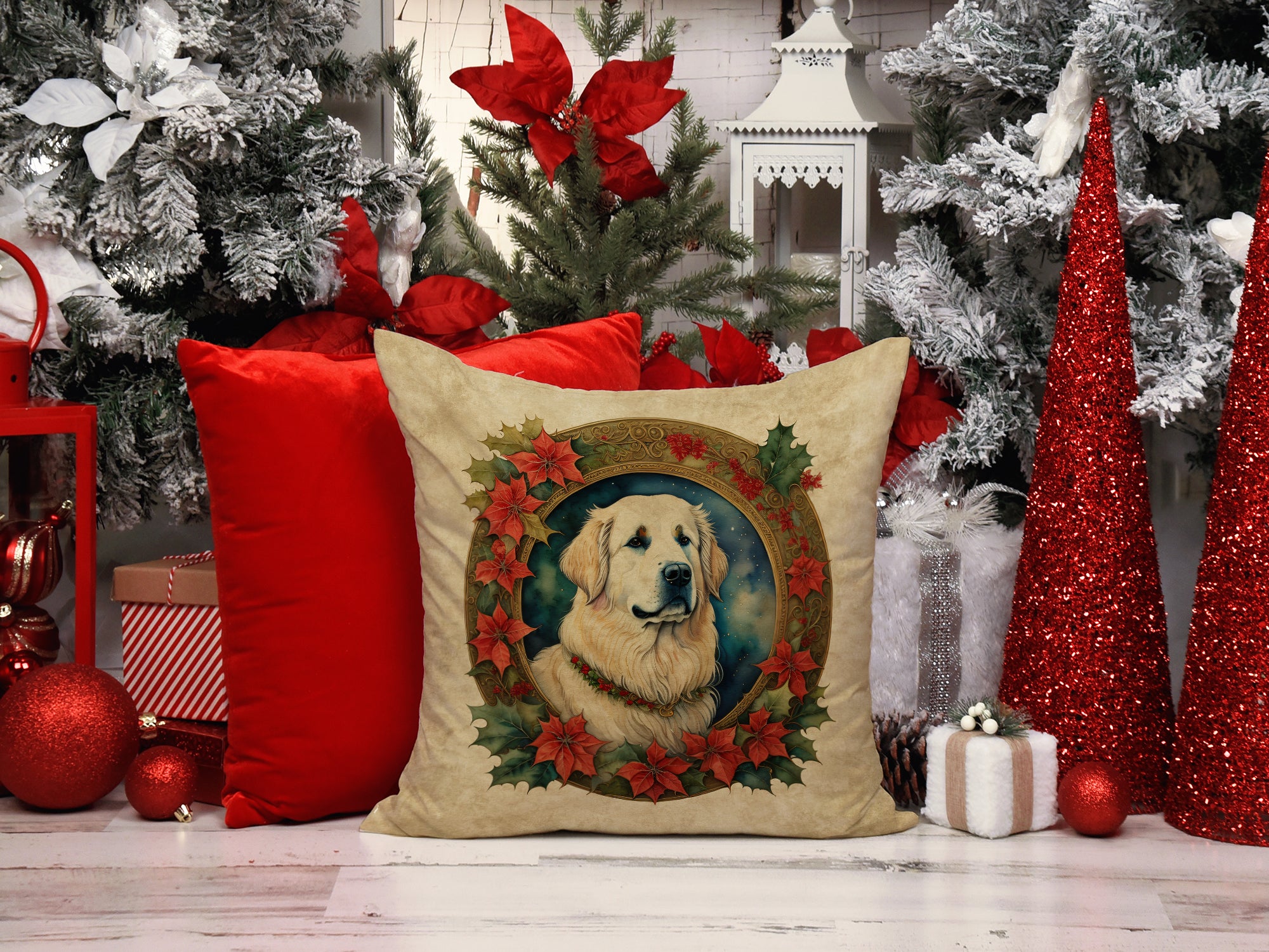 Great Pyrenees Christmas Flowers Throw Pillow