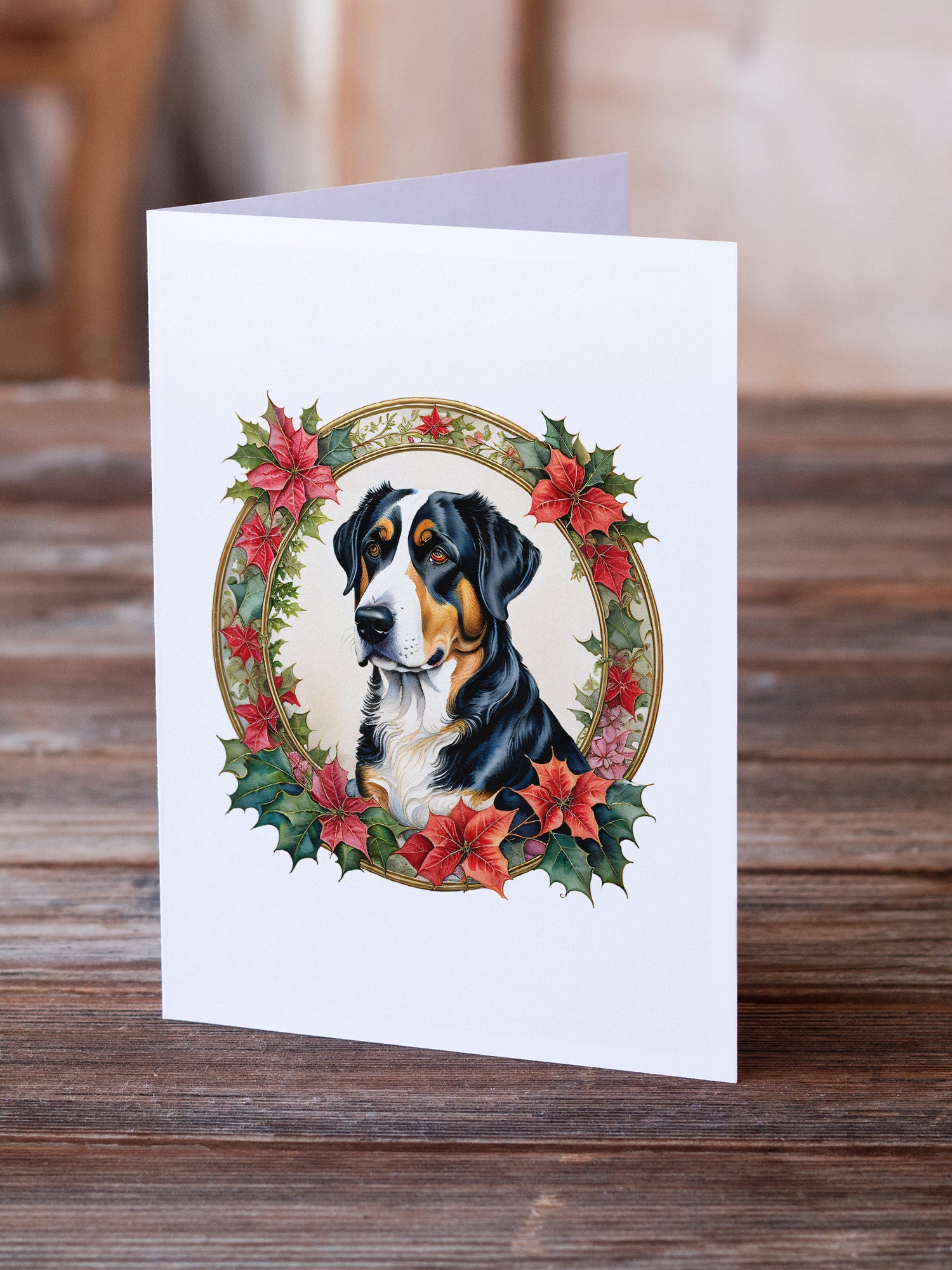 Greater Swiss Mountain Dog Christmas Flowers Greeting Cards Pack of 8