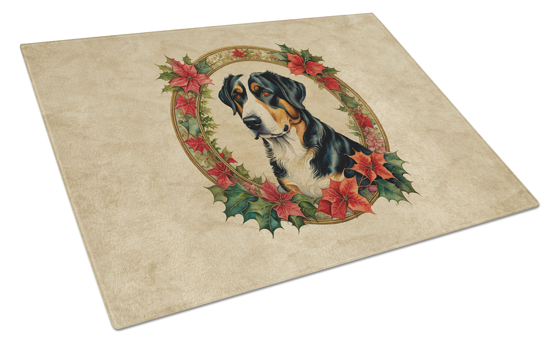 Buy this Greater Swiss Mountain Dog Christmas Flowers Glass Cutting Board