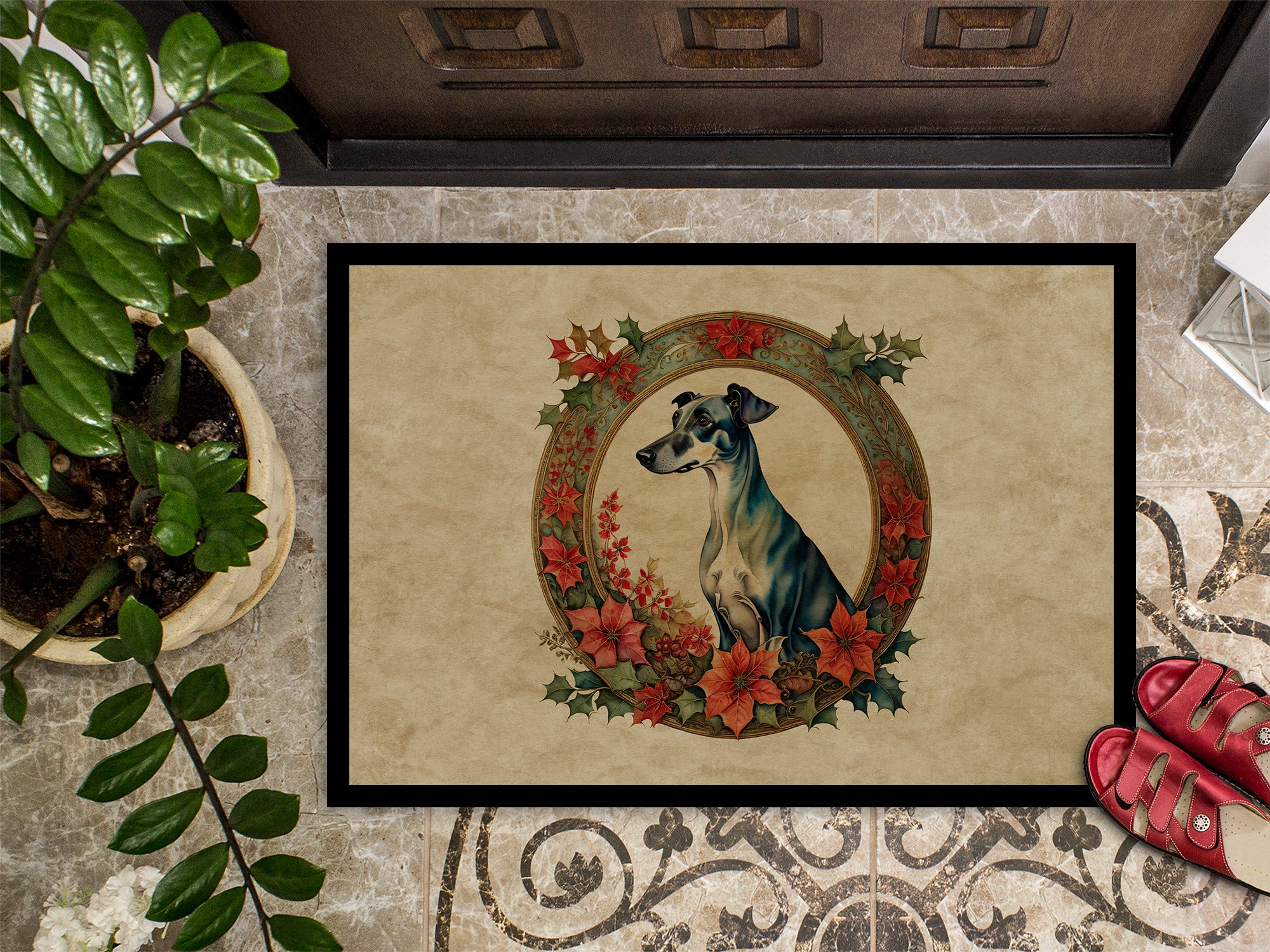 Greyhound Christmas Flowers Doormat