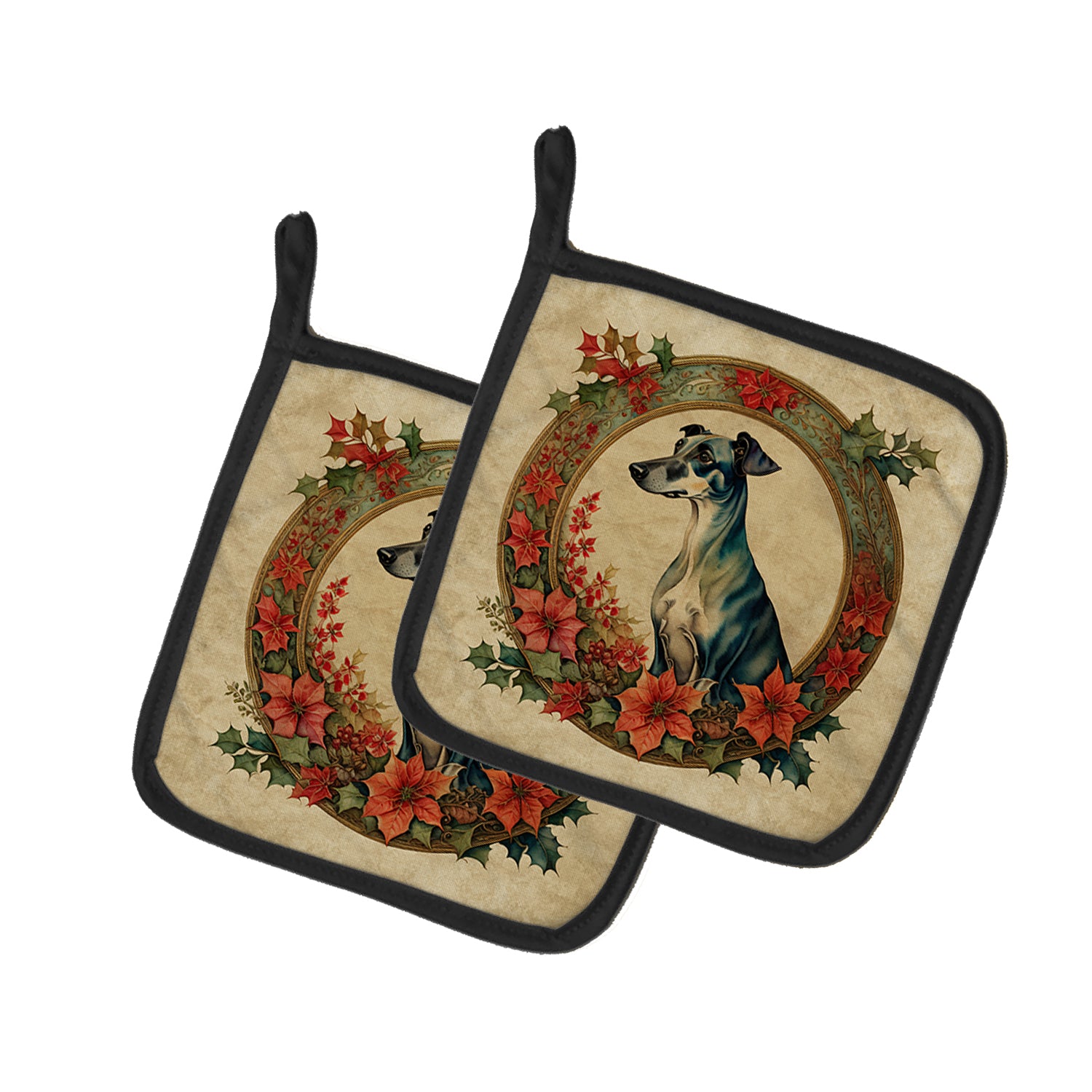Buy this Greyhound Christmas Flowers Pair of Pot Holders