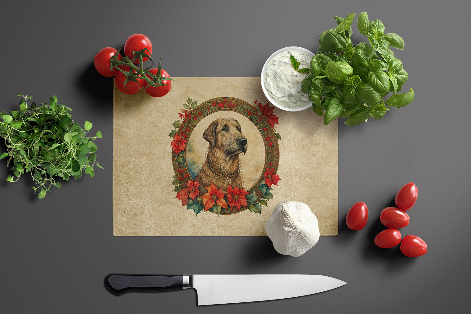 Irish Wolfhound Christmas Flowers Glass Cutting Board