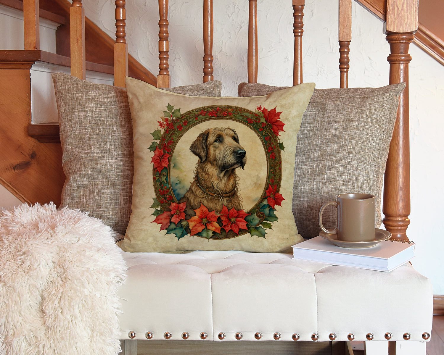 Irish Wolfhound Christmas Flowers Throw Pillow