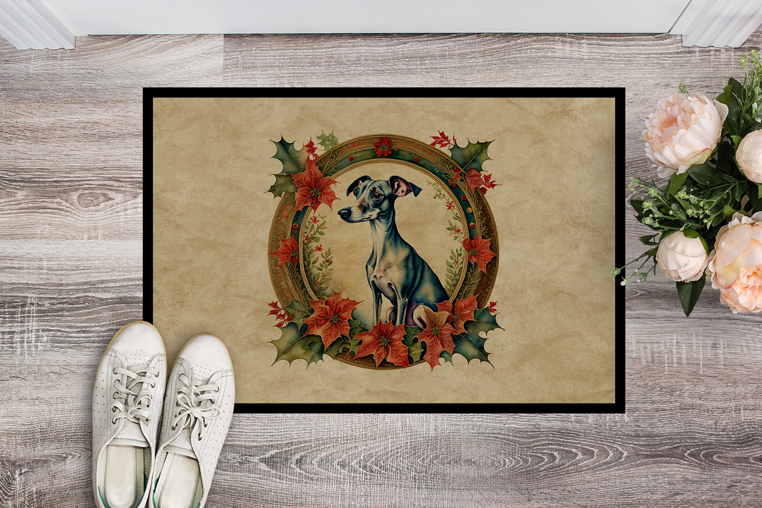 Italian Greyhound Christmas Flowers Doormat