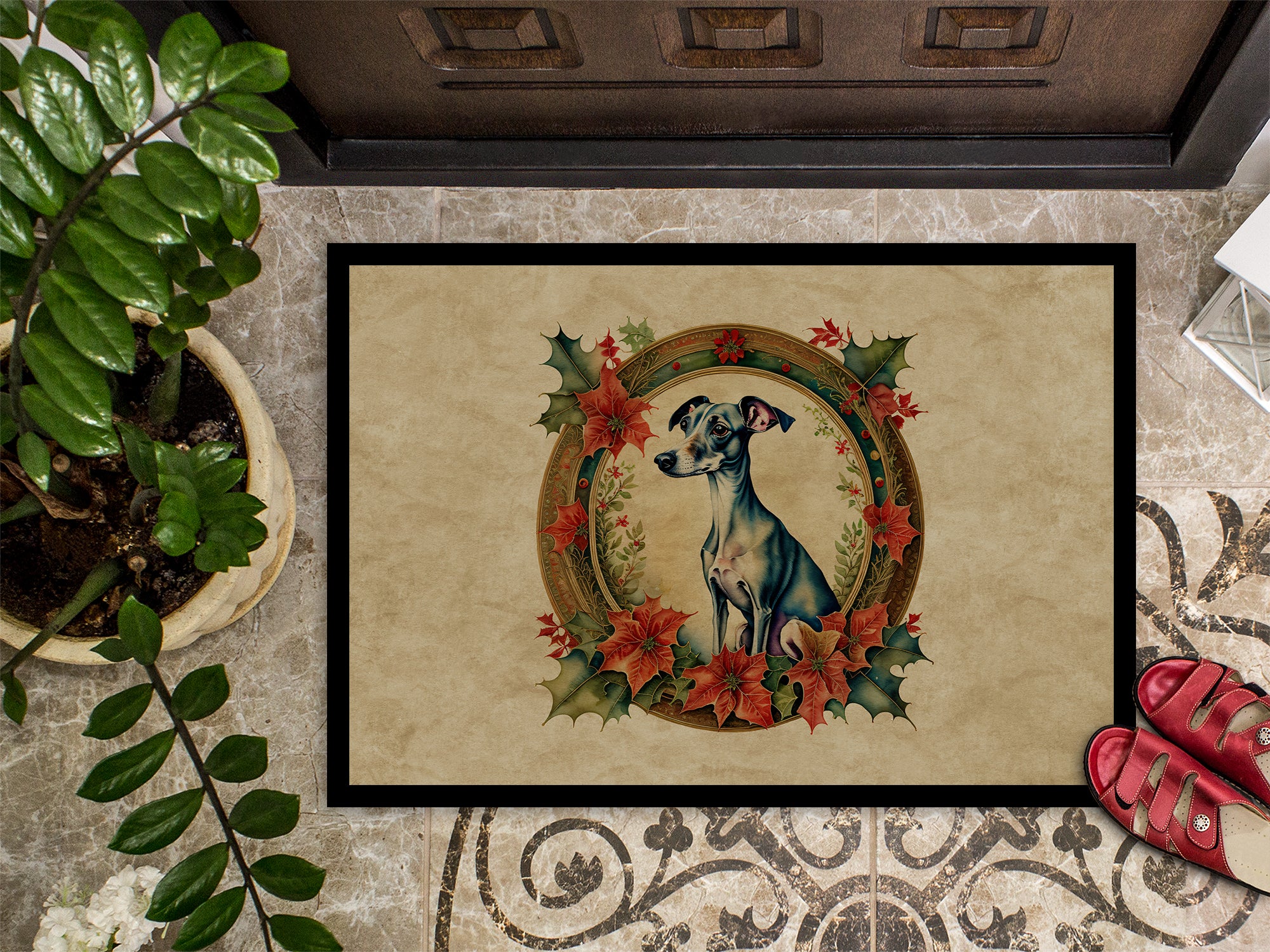 Italian Greyhound Christmas Flowers Doormat