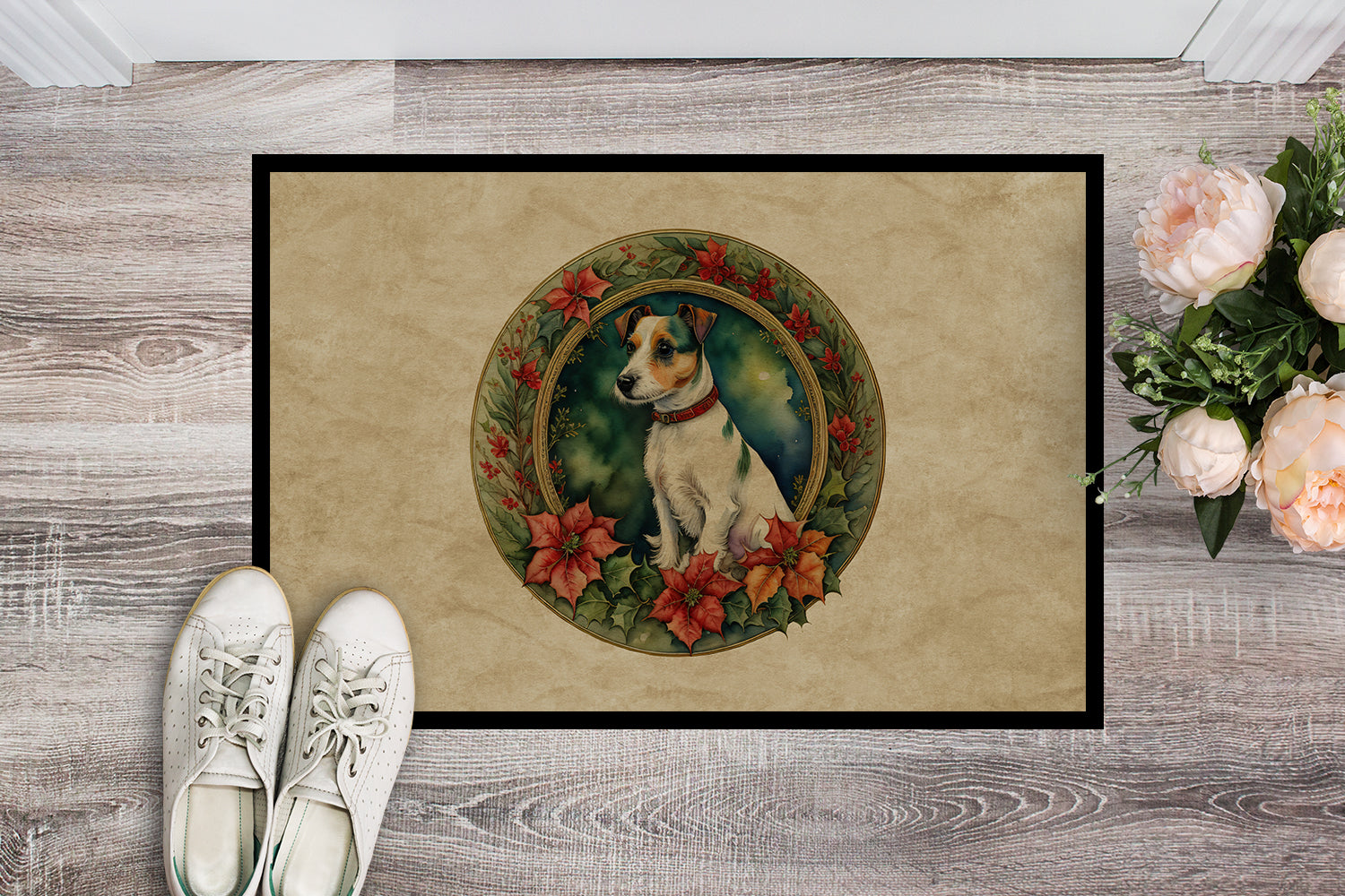 Jack Russell Terrier Christmas Flowers Doormat