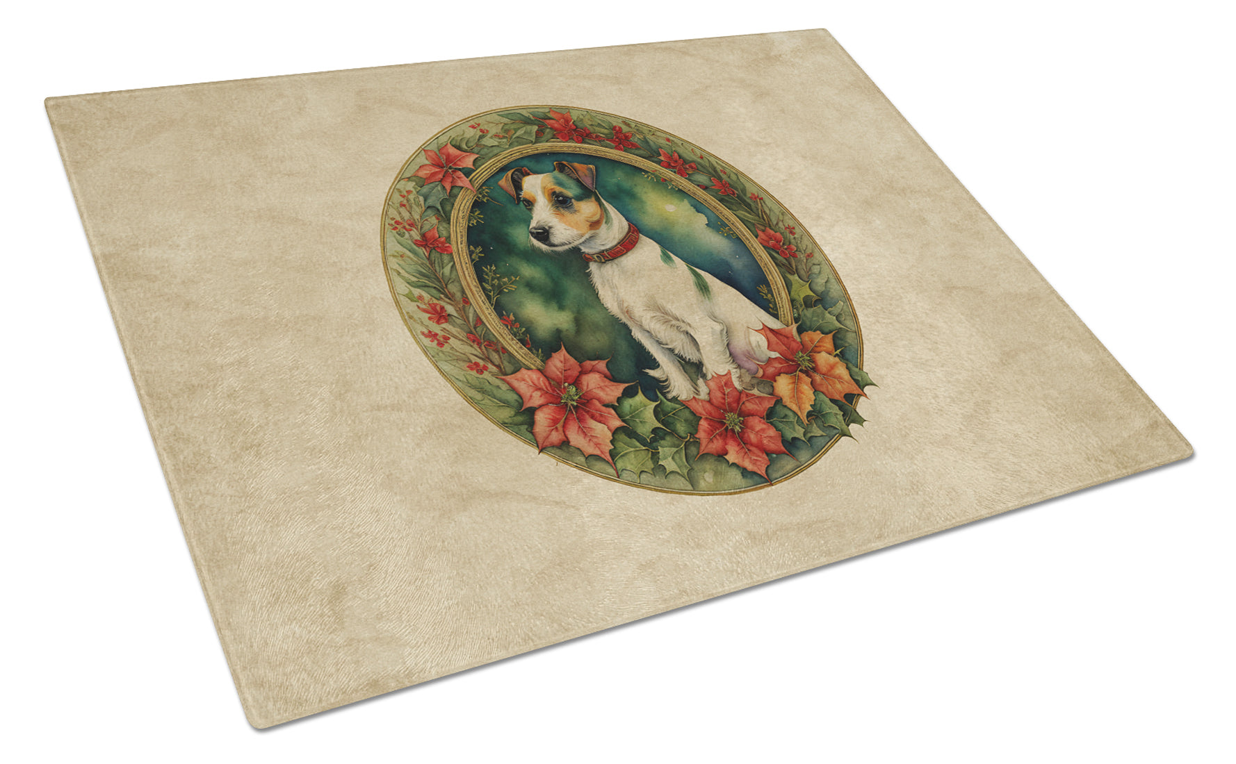 Buy this Jack Russell Terrier Christmas Flowers Glass Cutting Board