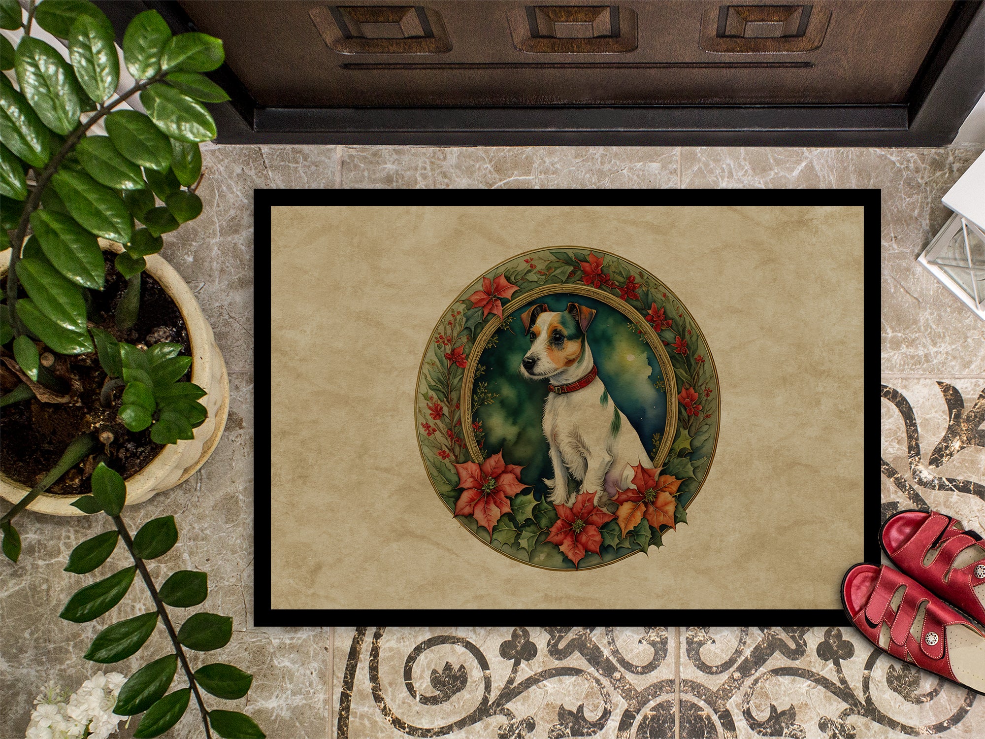 Jack Russell Terrier Christmas Flowers Doormat