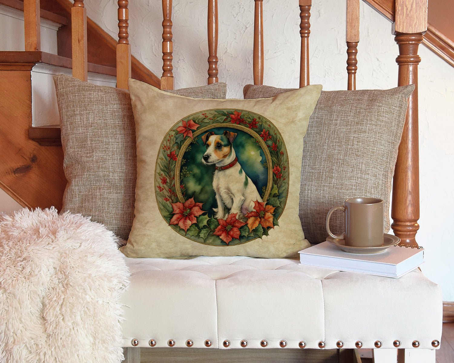Jack Russell Terrier Christmas Flowers Throw Pillow
