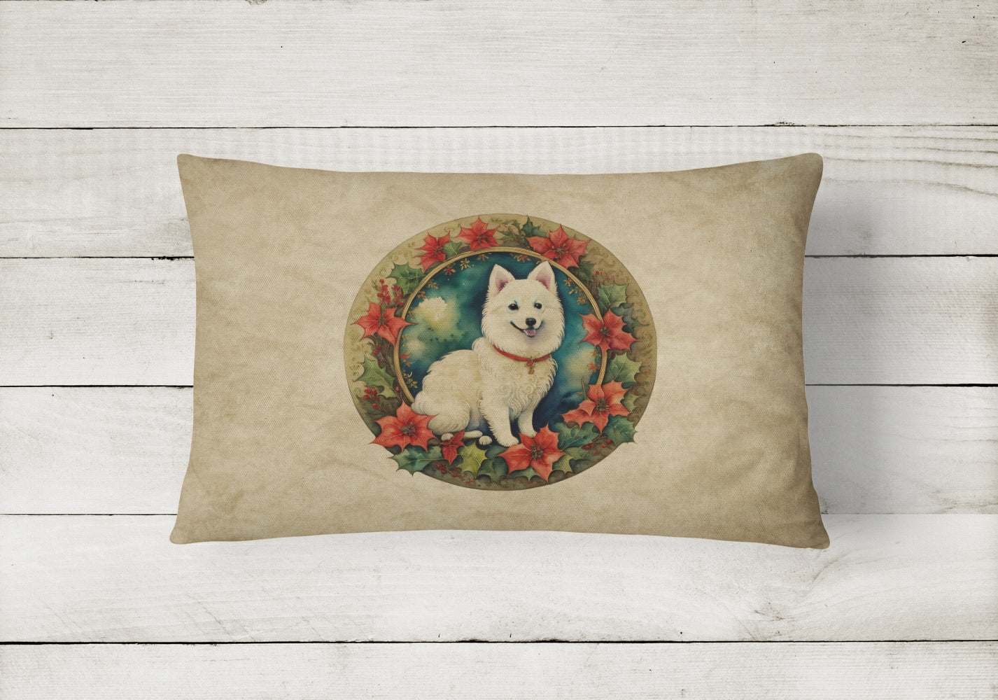 Caroline's Treasures Japanese Spitz Christmas Flowers Throw Pillow