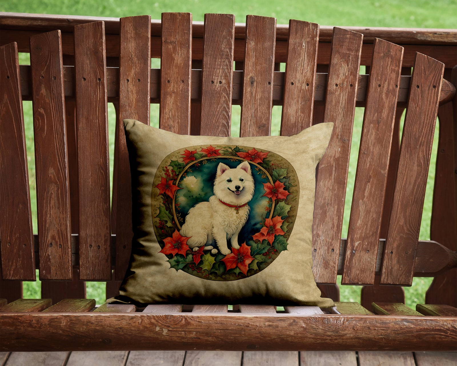 Caroline's Treasures Japanese Spitz Christmas Flowers Throw Pillow - 14x14 Decorative Pillow – Art for Your Home & Patio