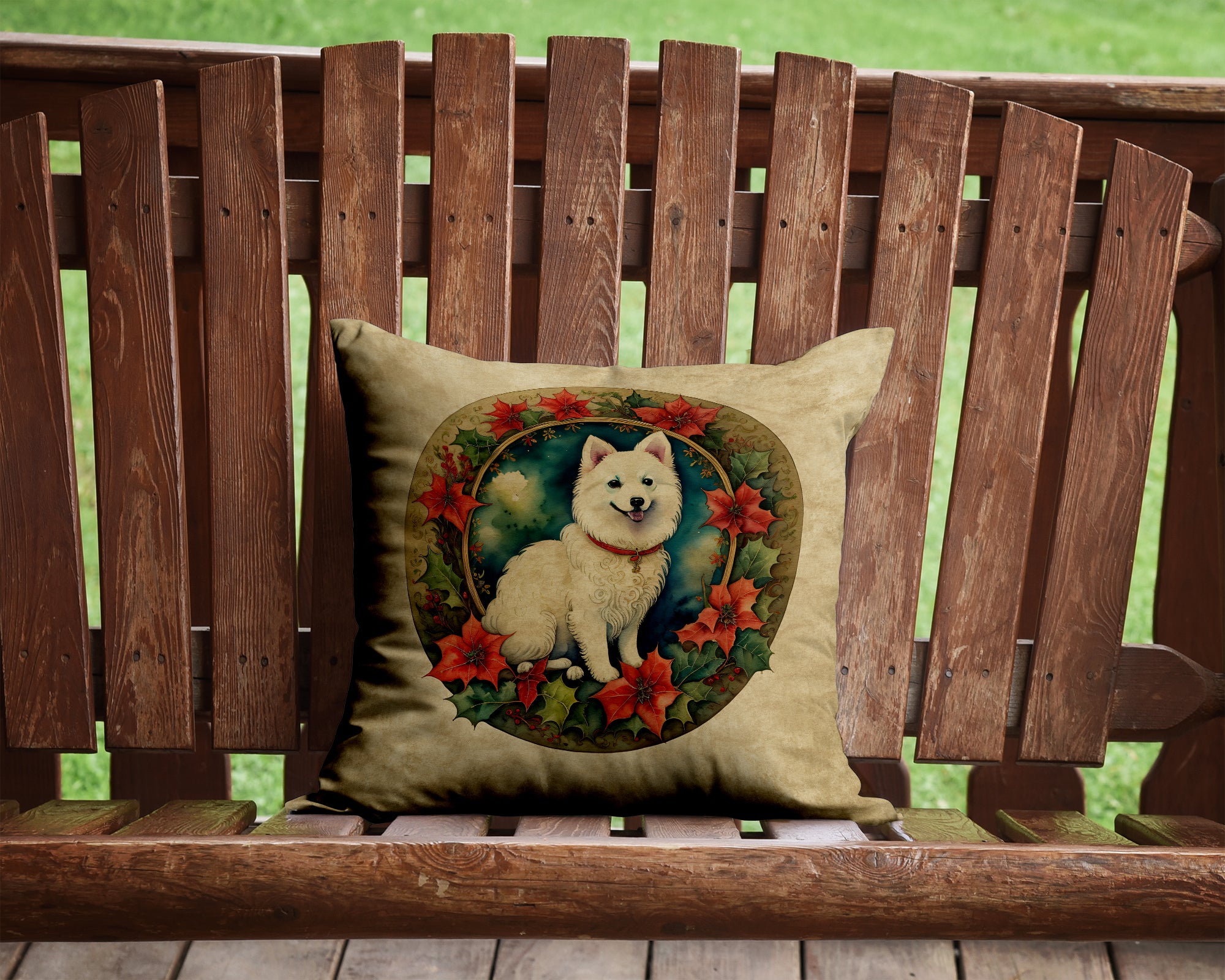 Buy this Japanese Spitz Christmas Flowers Throw Pillow