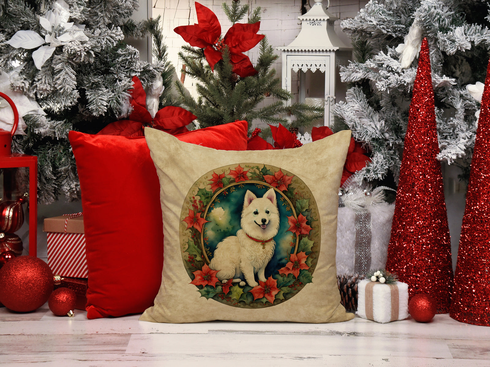 Caroline's Treasures Japanese Spitz Christmas Flowers Throw Pillow