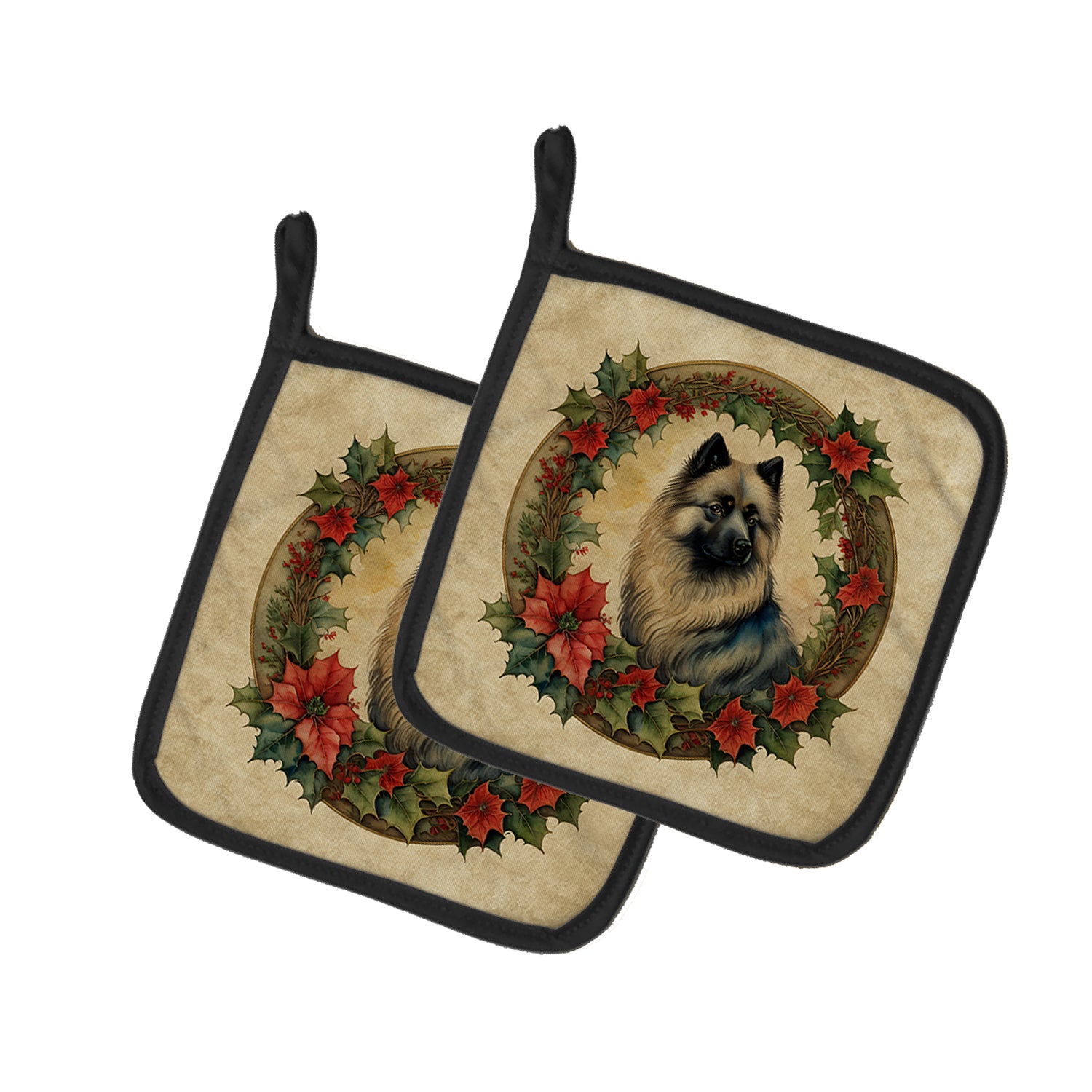 Buy this Keeshond Christmas Flowers Pair of Pot Holders
