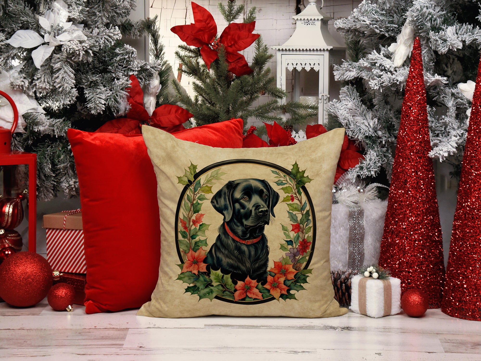 Labrador Retriever Christmas Flowers Throw Pillow
