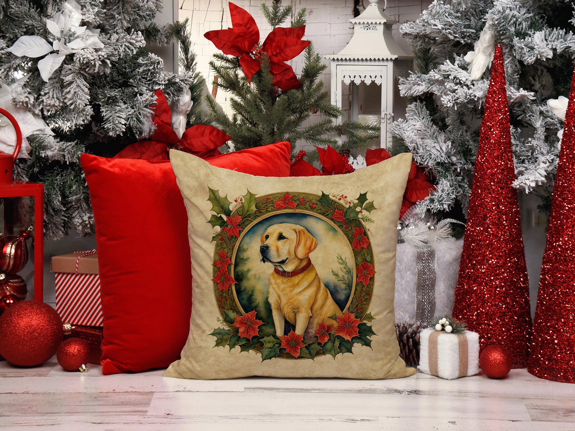Labrador Retriever Christmas Flowers Throw Pillow