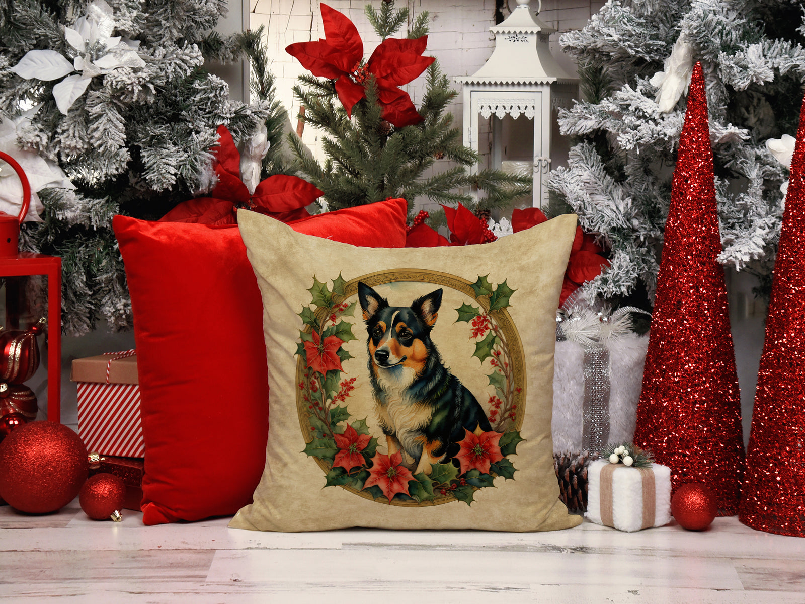 Caroline's Treasures Lancashire Heeler Christmas Flowers Throw Pillow