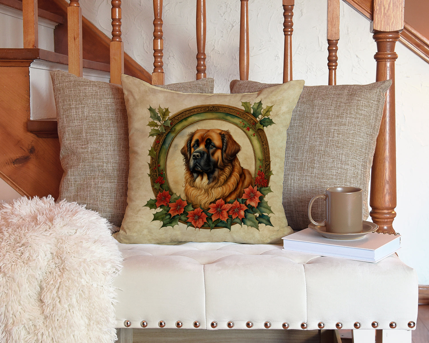 Leonberger Christmas Flowers Throw Pillow