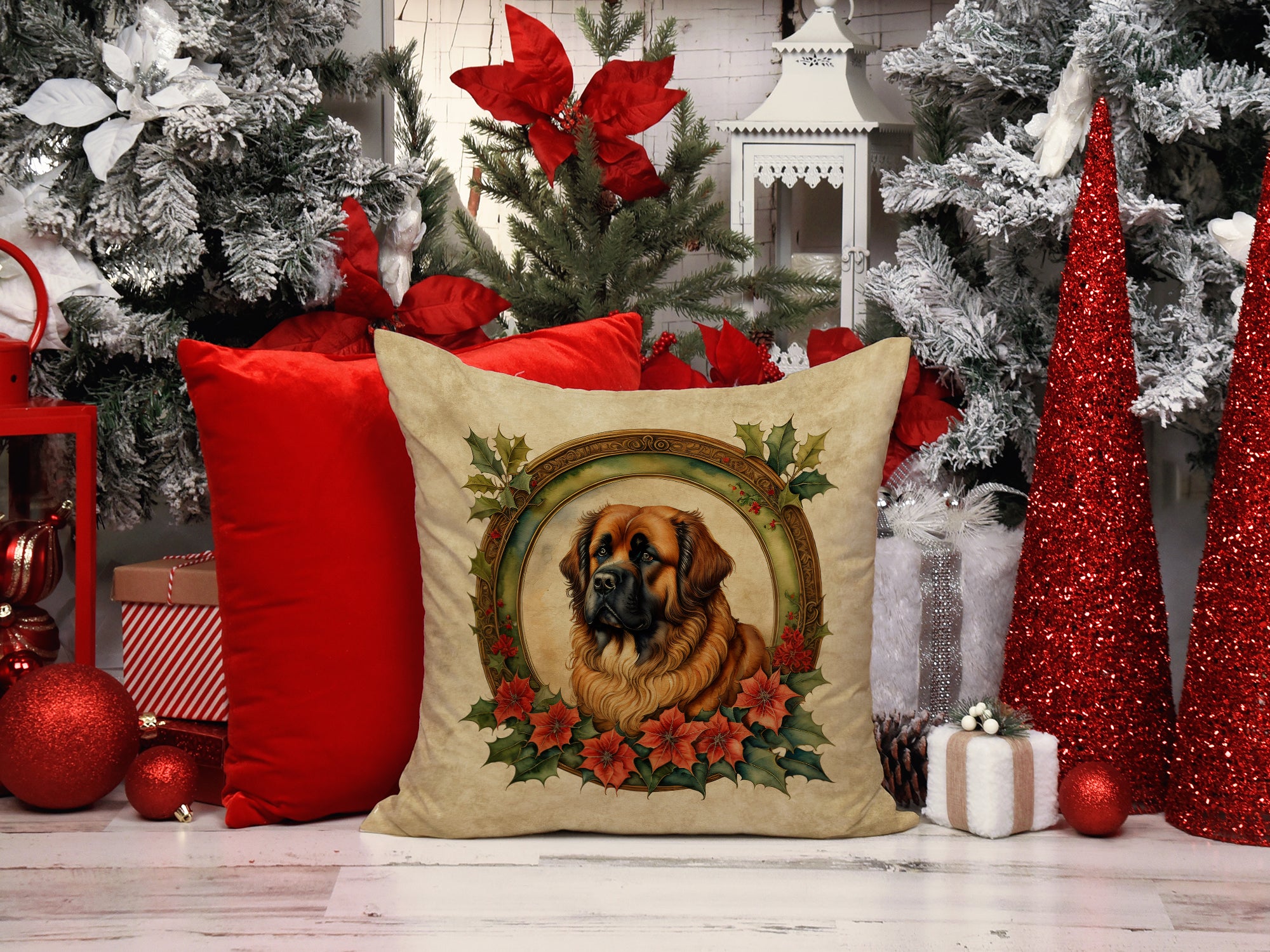 Leonberger Christmas Flowers Throw Pillow