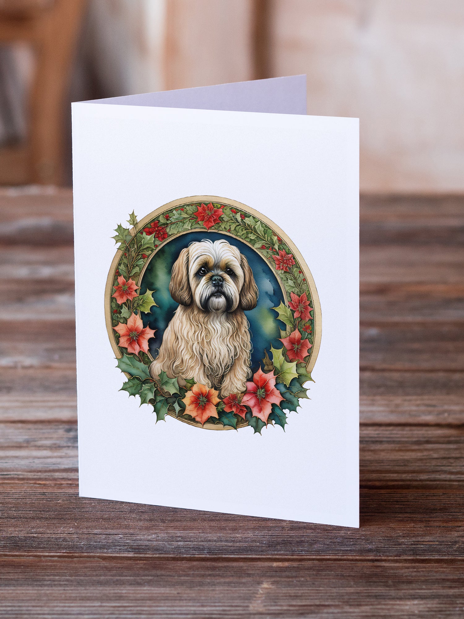 Lhasa Apso Christmas Flowers Greeting Cards Pack of 8