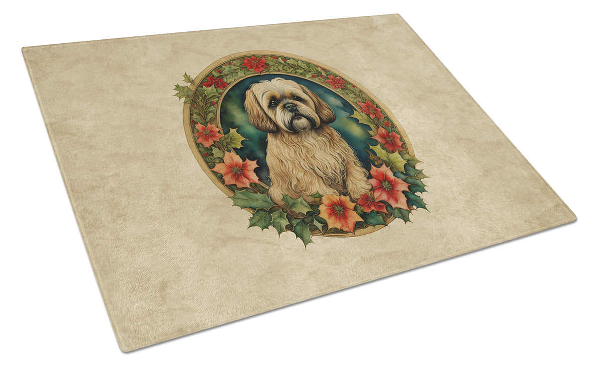 Buy this Lhasa Apso Christmas Flowers Glass Cutting Board