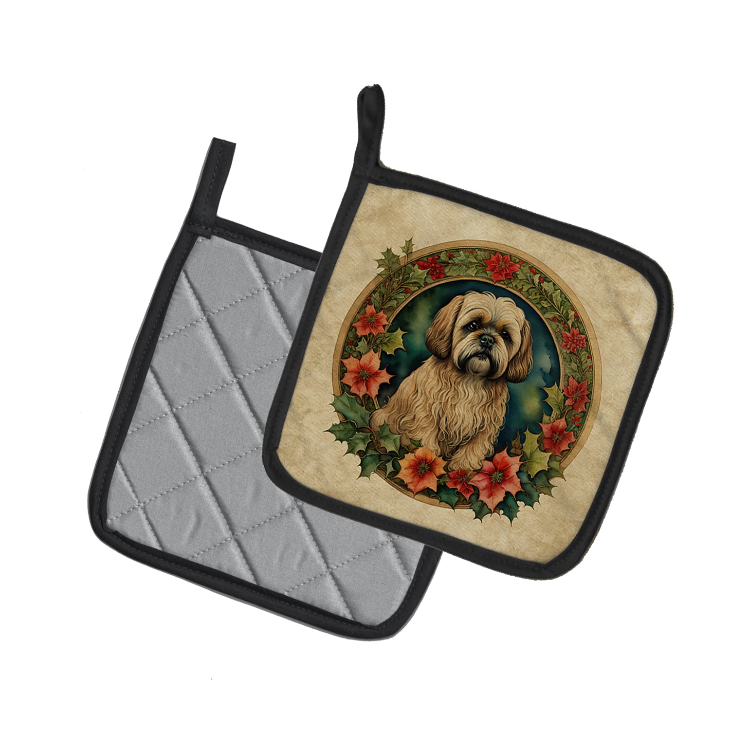 Lhasa Apso Christmas Flowers Pair of Pot Holders