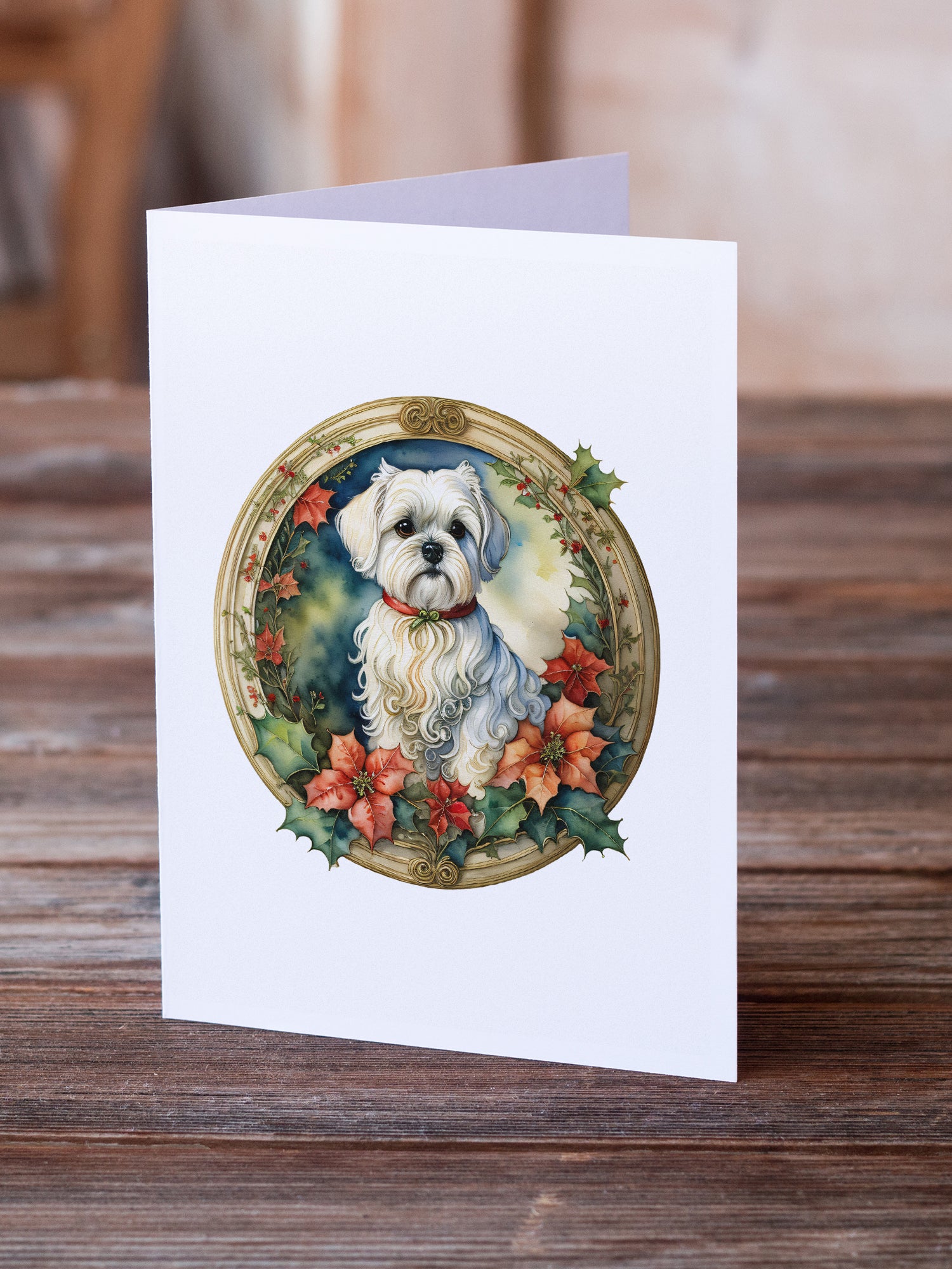 Maltese Christmas Flowers Greeting Cards Pack of 8