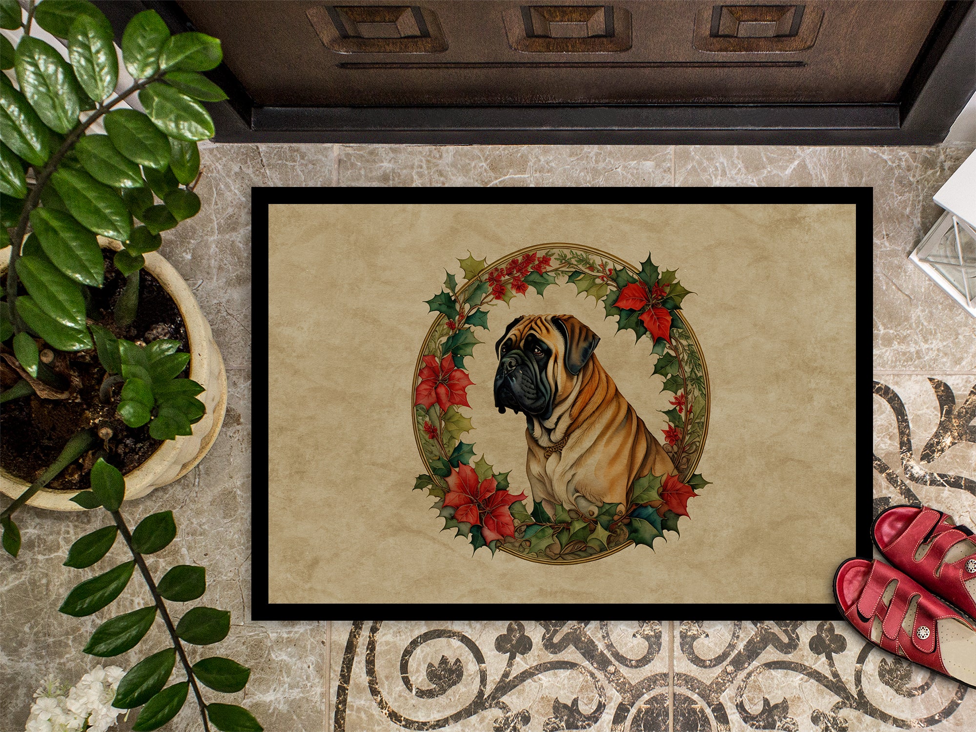 Mastiff Christmas Flowers Doormat