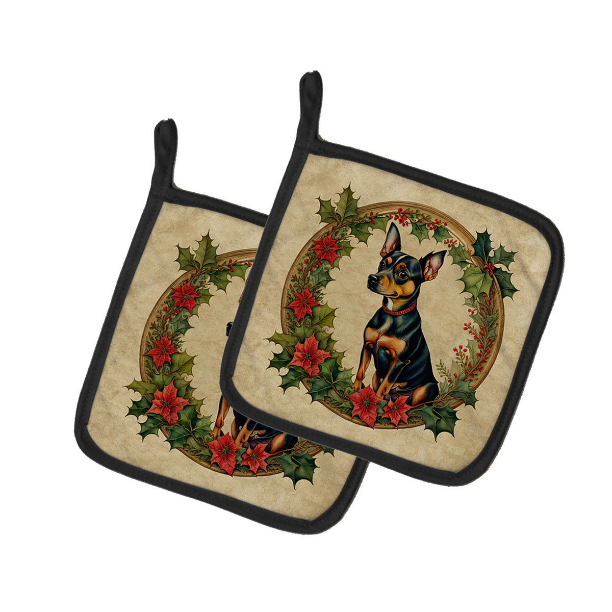 Buy this Miniature Pinscher Christmas Flowers Pair of Pot Holders