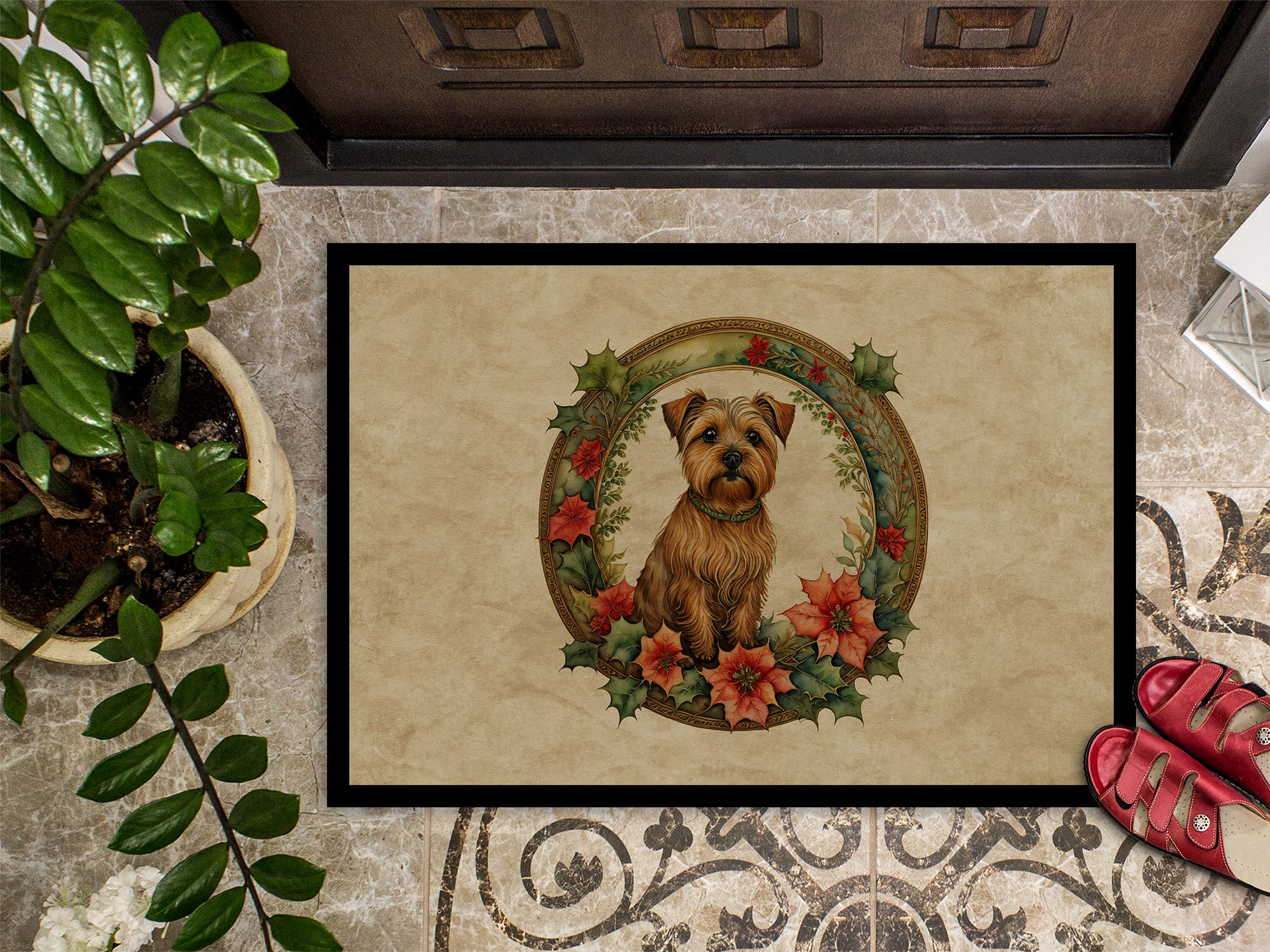 Norfolk Terrier Christmas Flowers Doormat