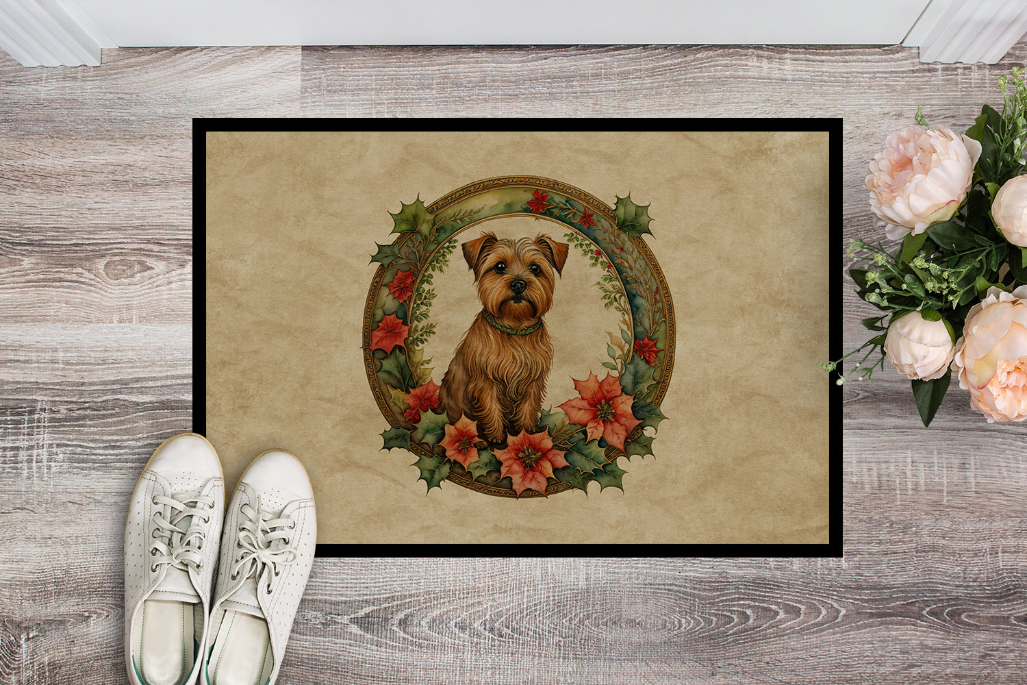 Buy this Norfolk Terrier Christmas Flowers Doormat