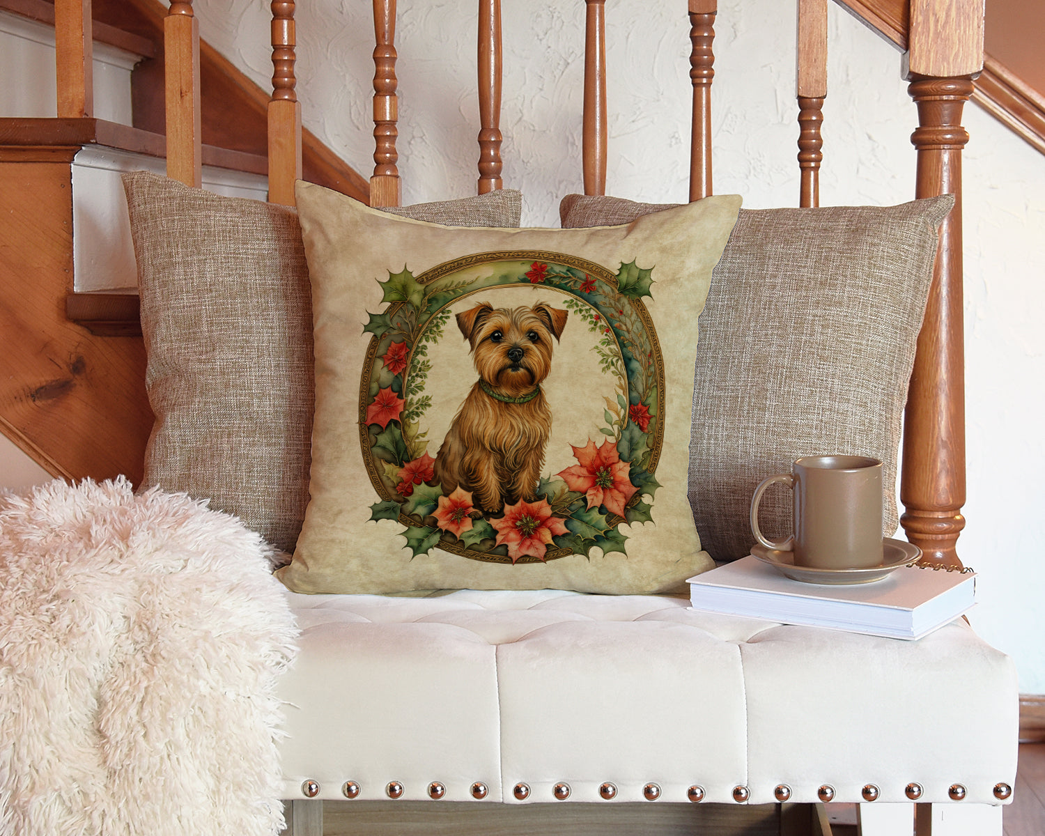 Norfolk Terrier Christmas Flowers Throw Pillow