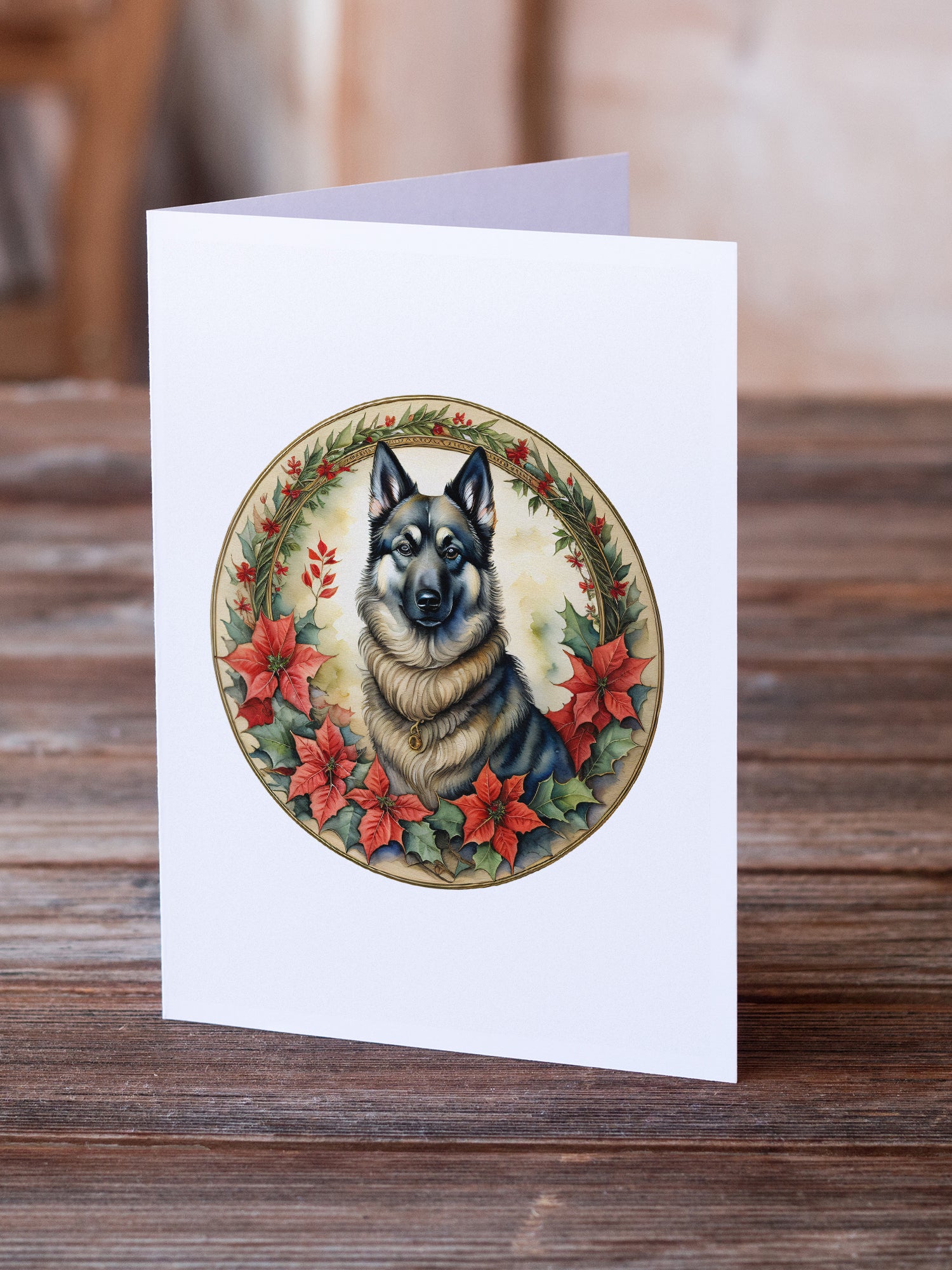 Norwegian Elkhound Christmas Flowers Greeting Cards Pack of 8